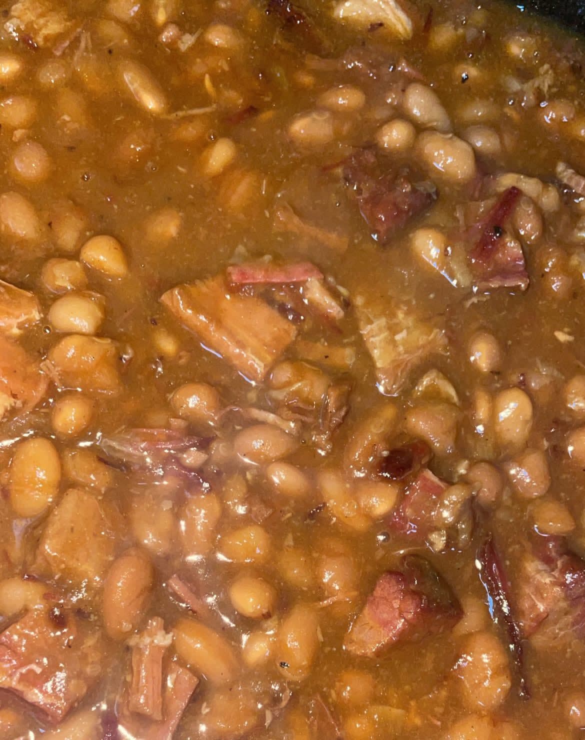 Smoked baked beans with brisket chunks