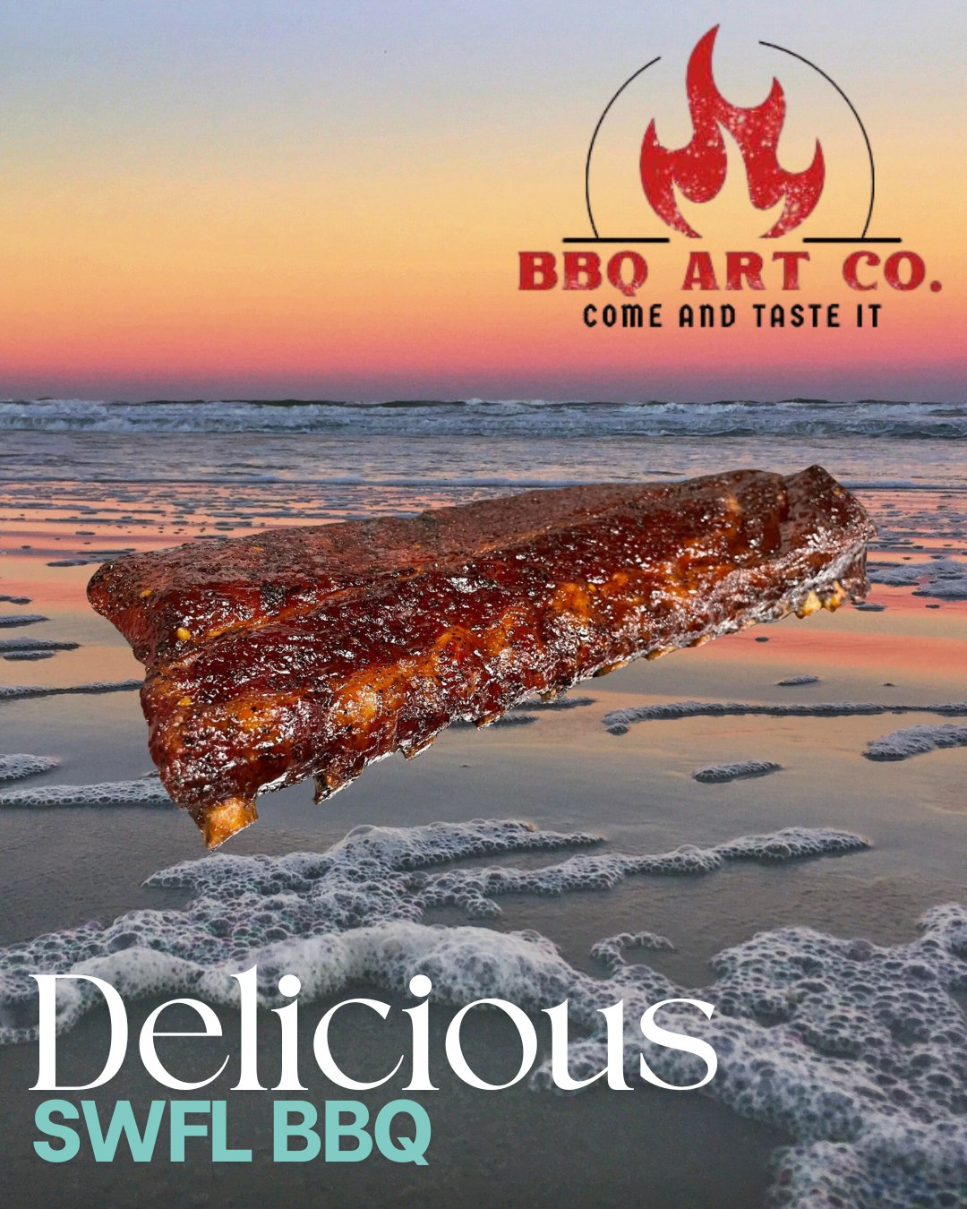 BBQ Art Co. promo — smoked rib rack over a Southwest Florida beach sunset
