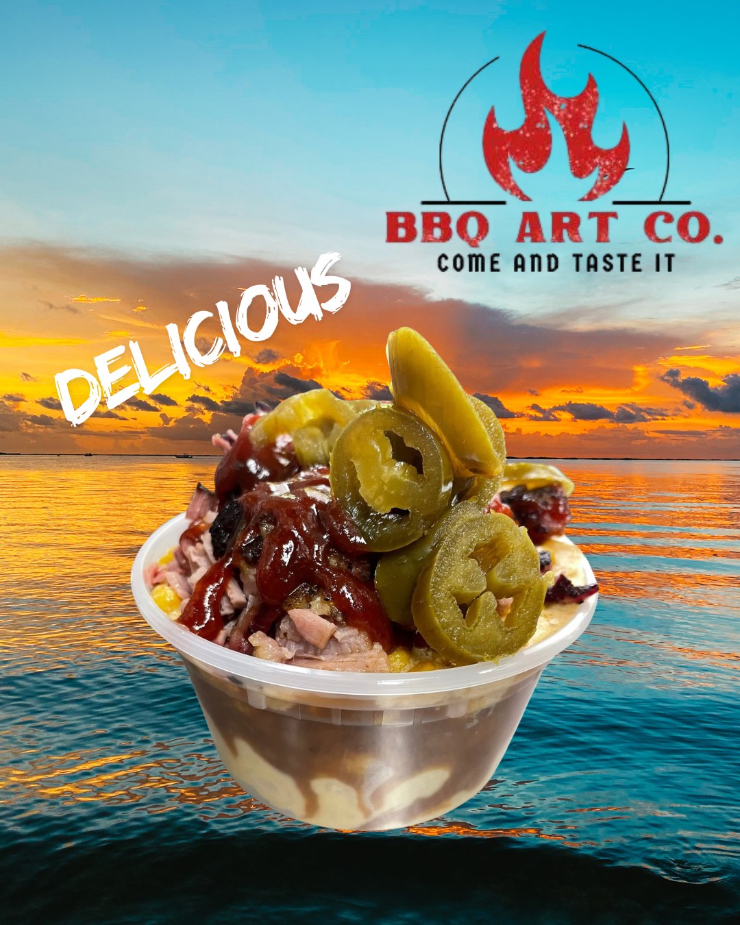 BBQ Art Co. promo — the BBQ Sundae cup over a Florida sunset on the water
